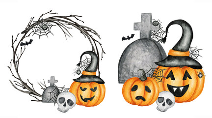 Happy Halloween wreath holiday party Frame with Jack O' Lantern pumpkins, skull, bat, spider party decorations. Watercolor Cartoon illustration isolated on white background. Halloween spooky cemetery.