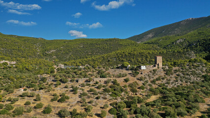Fototapeta premium Aerial drone photo of iconic medieval castle of Aigosthena, Porto Germeno, West Attica, Greece