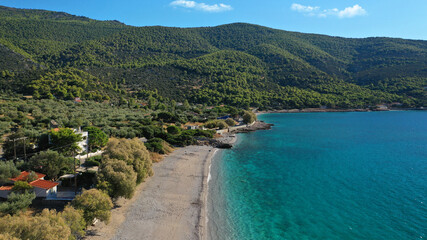 Aerial drone photo of beautiful seaside village and turquoise beach of Porto Germeno, Corinthian gulf, West Attica, Greece