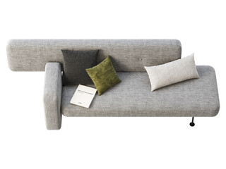 Modern gray fabric modular sofa with pillows and book. 3d render