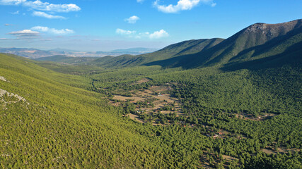 Aerial drone photo of beautiful mountainous landscape in West Attica next to famous mountain of Pateras, Greece