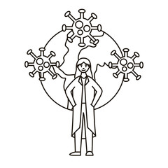 female doctor wearing medical mask with covid19 particles in world planet line style icon