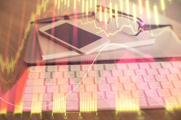 Double exposure of forex chart drawing and cell phone background. Concept of financial trading