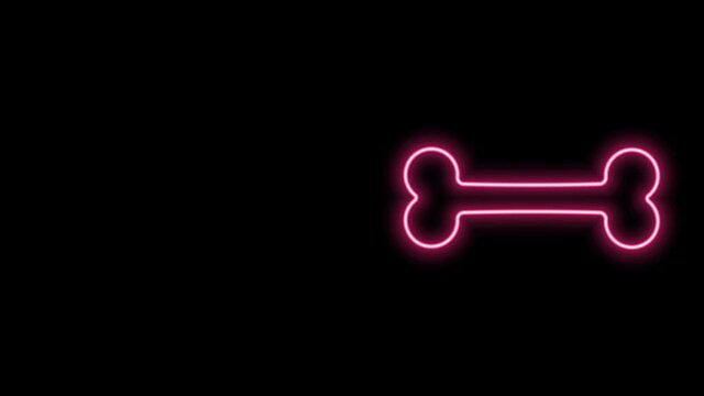 Glowing neon line Dog bone icon isolated on black background. Pets food symbol. 4K Video motion graphic animation