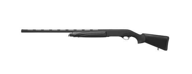 Modern semi-automatic shotgun. Weapons for sports and hunting. Black weapon isolate on white back.