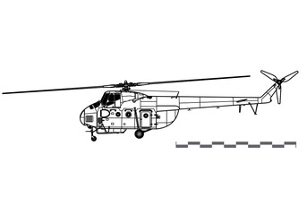 Mil Mi-4 Hound-A. Vector drawing of military transport helicopter. Side view. Image for illustration and infographics.