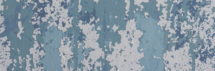 Peeling paint on the wall. Panorama of a concrete wall with old cracked flaking paint. Weathered rough painted surface with patterns of cracks and peeling. Wide panoramic texture for grunge background