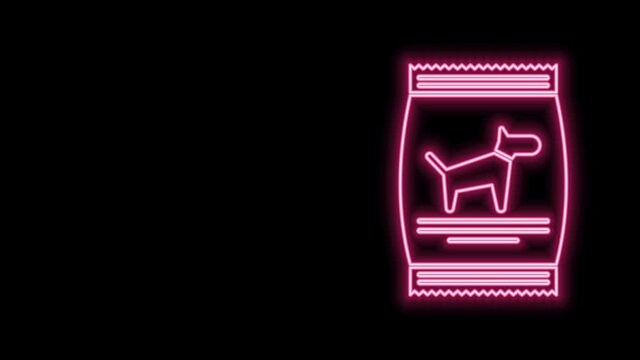 Glowing neon line Bag of food for dog icon isolated on black background. Food for animals. Pet food package. 4K Video motion graphic animation
