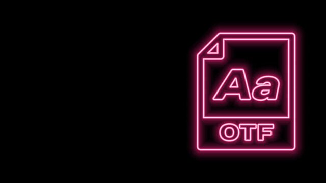Glowing neon line OTF file document. Download otf button icon isolated on black background. OTF file symbol. 4K Video motion graphic animation