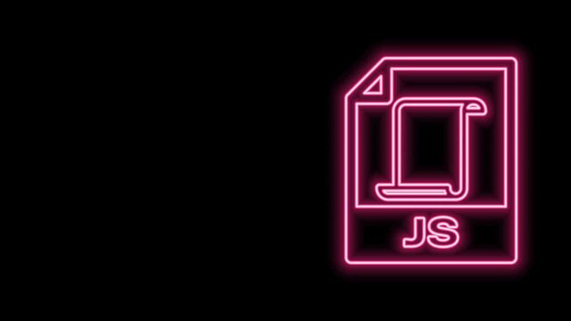 Glowing neon line JS file document. Download js button icon isolated on black background. JS file symbol. 4K Video motion graphic animation