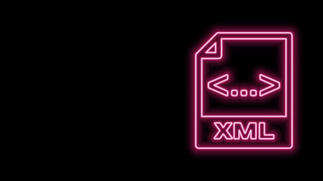 Glowing neon line XML file document. Download xml button icon isolated on black background. XML file symbol. 4K Video motion graphic animation