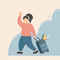 Smiling woman grocery shopping trolley bag. Shopping food from the supermarket in a reusable fabric grocery bag on wheels. Vector flat style illustration.