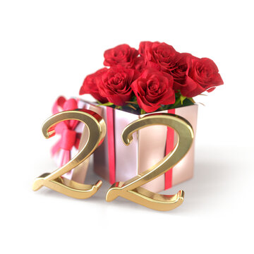 birthday concept with red roses in gift isolated on white background. twenty-second. 22nd. 3D render