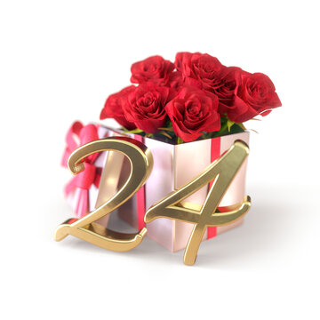 birthday concept with red roses in gift isolated on white background. twenty-fourth. 24th. 3D render