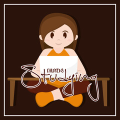 Isolated girl childrens studying school sticker - Vector