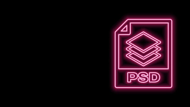 Glowing neon line PSD file document. Download psd button icon isolated on black background. PSD file symbol. 4K Video motion graphic animation