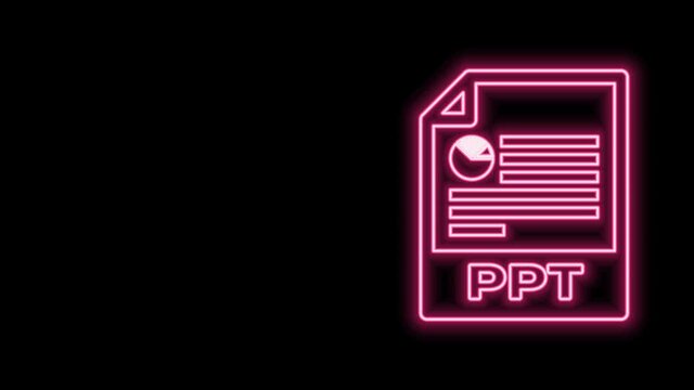 Glowing neon line PPT file document. Download ppt button icon isolated on black background. PPT file presentation. 4K Video motion graphic animation