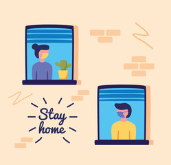 stay home campaign lettering with persons in windows of building