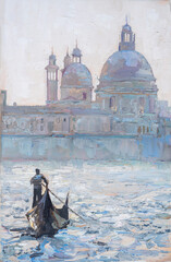 .Old Cathedral of Santa Maria della Salute in Venice, Italy. Oil painting. © Mariia