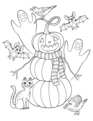 Fototapeta na wymiar Coloring page with Halloween snowman made of pumpkins, bats, crows, cat, ghosts.