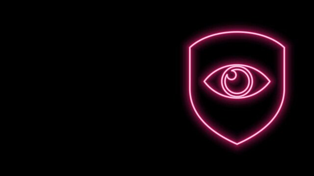 Glowing neon line Shield and eye icon isolated on black background. Security, safety, protection, privacy concept. 4K Video motion graphic animation
