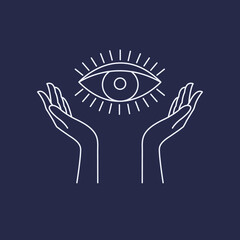 Woman hands holding eye, logo template for your design, line art style. Vector illustration