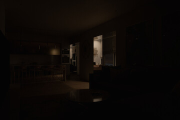 Night 3D visualization of the interior. Design of the living room combined with the kitchen. Studio apartment with combined interior space in Scandinavian style