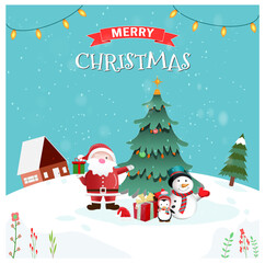 Merry Christmas and Happy New Year greeting card with participation of Santa Claus, snowman and christmas tree. 
For posters, banners, sales and other winter events. Vector illustration EPS 10