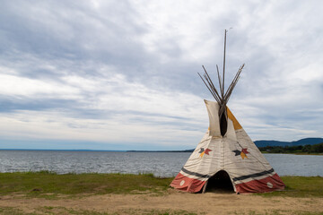 View of a tipi by the sea, in Gesgapegiag, an indian reserve located in Canada
