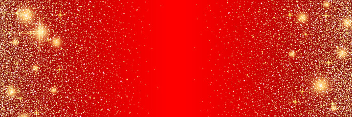 Christmas and New Year vector banner template. Red gradient vector background with stars and glitter effect