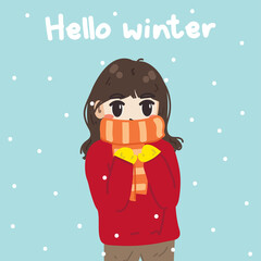 Hello winter card with girl with red coat in snowy day