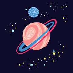 Planet cartoon illustration. Colorful card cartoon abstract planet in dark background. Astronomical observatory. Mercury venus earth jupiter saturn neptun. Astronomy galaxy space. Vector illustration © neliakott