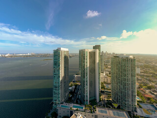 Towers of Paraiso District Edgewater Miami shot with aerial drone