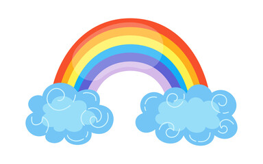 Rainbow with clouds cartoon style. Abstract flat rainbow colors hand drawn symbol. Cute bright nature weather element for kids. For print, card, fabric. Isolated vector illustration
