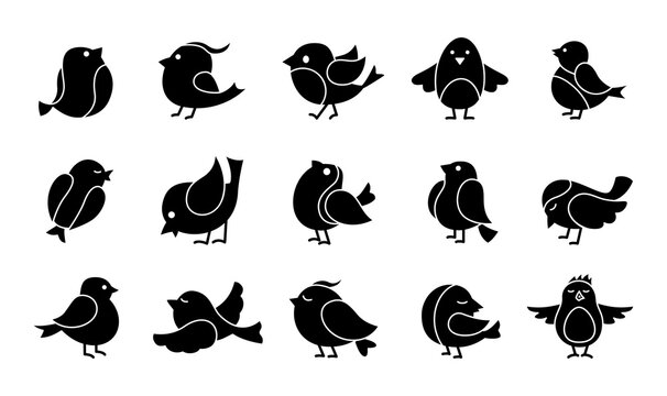 Cute bird glyph cartoon set. Black little birds, different poses, flying. Happy character. Hand drawn flat abstract icon. Modern trendy vector illustration