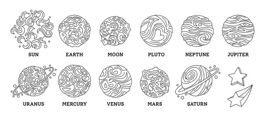 Solar system planet black line set. Doodle astronomical observatory. Sun moon mercury venus earth mars jupiter saturn uranus neptun planets. Astronomy galaxy space. Vector flat design illustration © neliakott