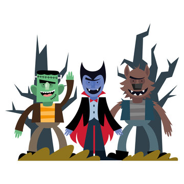 halloween vampire frankenstein and werewolf cartoon vector design