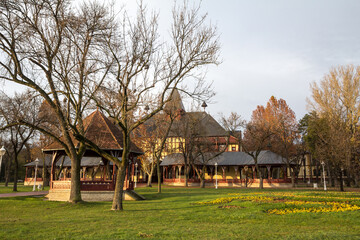 Panorama of Palic Lake, or Palicko Jezero, in Palic, Serbia, with the Velika Terasa, or Grand Terrace main building in the background. it is one of the main attractions of Vojvodina province