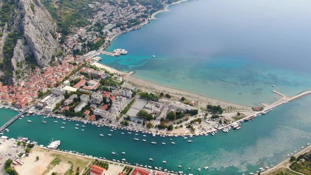 Aerial footage of Omis town, Dalmatia region, Adriatic Sea, Croatia