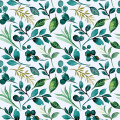 Green foliage seamless pattern with watercolor