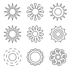 Black outline sun icons set. Different shapes empty simple solar elements. Design logo sunlight morning, weather, spring. Round pictogram sunny energy for web or app. Isolated vector illustration