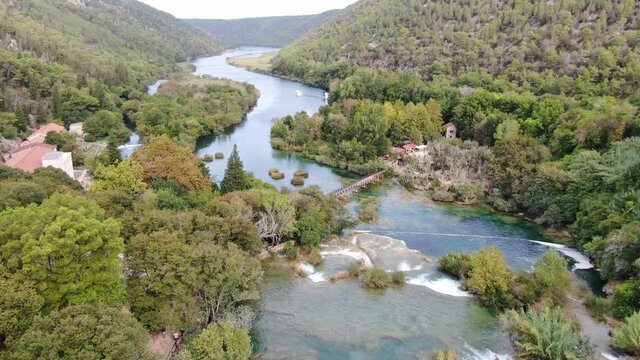Aerial view of amazing Skradinski buk waterfall in Krka National Park, Croatia
