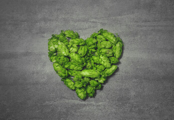 Heart shape from green hop cones on gray rustic stone background. Concept of organic beer...
