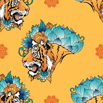 Tiger head with flower oriental Chinese illustration doodle coloring for digital printing seamless pattern  vector with  background