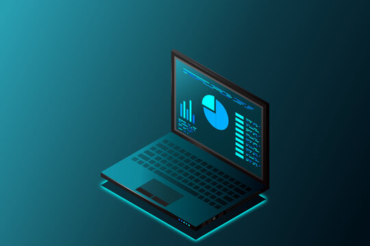 Concept business strategy, Web banner with laptop, Analysis data and Investment, Technology theme, Financial review with laptop and infographic elements, 3d isometric, Vector illustration.