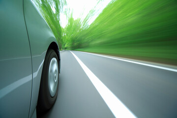 Obraz na płótnie Canvas 新緑の中を走るハイブリッドカーのタイヤ