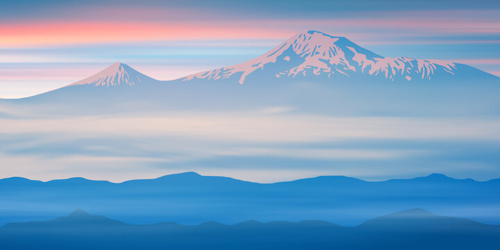Fantasy on the theme of the mountain landscape. Mount Ararat at sunrise. Vector illustration, EPS10
