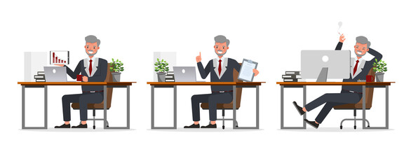Old businessman working in office character vector design. Presentation in various action. no6
