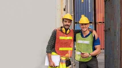 Confident inspector standing in front of containers in port, Two dock worker checking cargo freight shipping, Concept of transportation, logistics business. Success teamwork collaboration concepts.