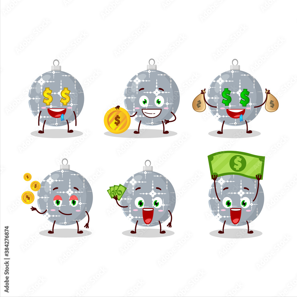 Sticker Christmas ball grey cartoon character with cute emoticon bring money